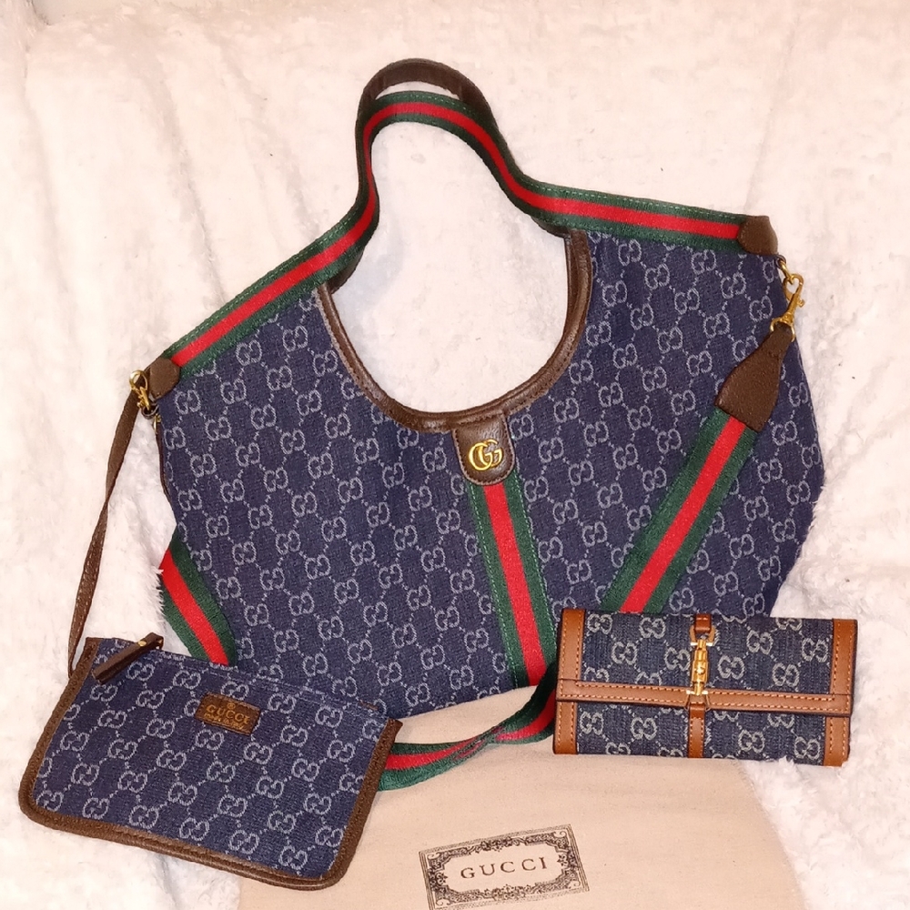 Gucci Blue Denim Shoulder Bag with Cherry Lime Strap Webbing